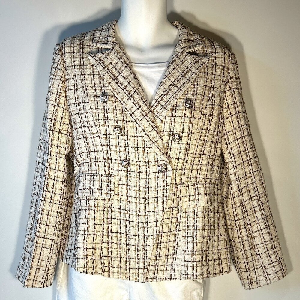 Neutral Plaid Tweed Blazer SZ XL Capsule Wardrobe Academia Career Preppy Timeles